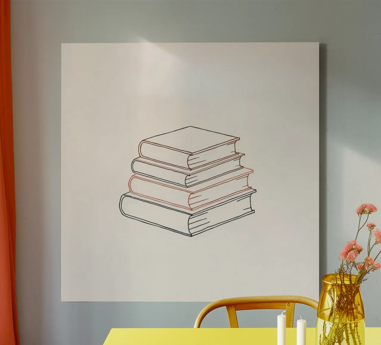 Stack of books in minimal line art style showcasing various canvas by DesignDoodle