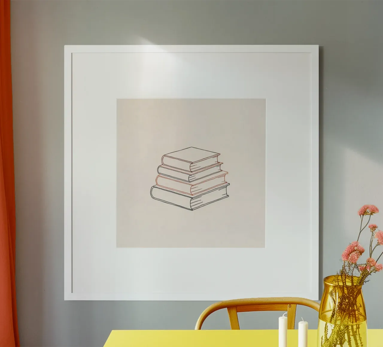 Stapel von Büchern in minimalem Linienstil, die verschiedene Poster von DesignDoodle