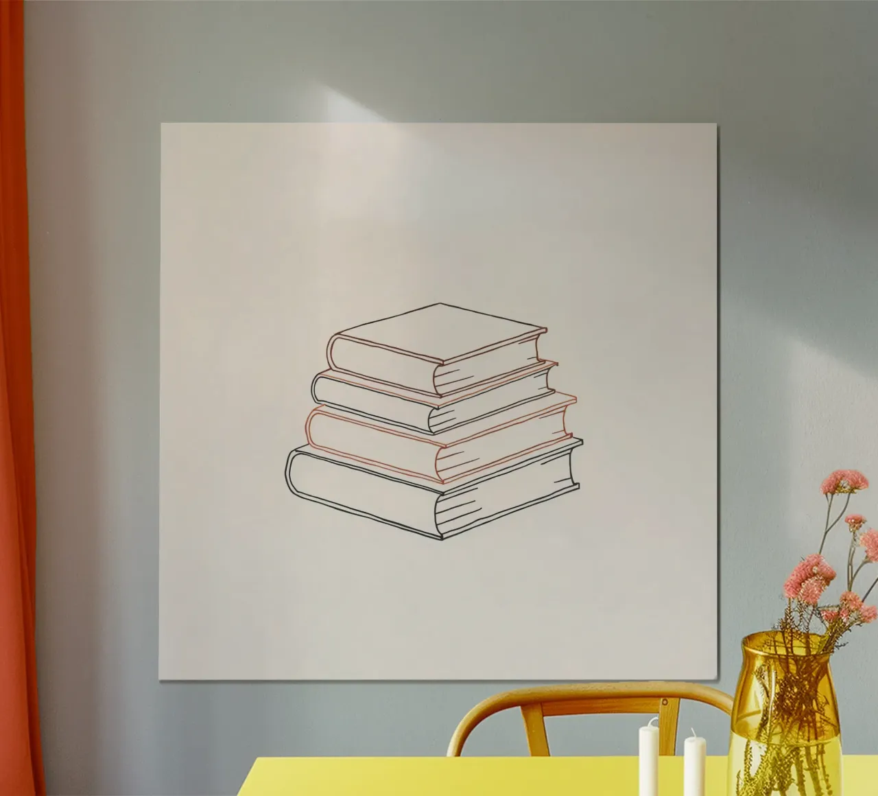 Stack of books in minimal line art style showcasing various poster by DesignDoodle