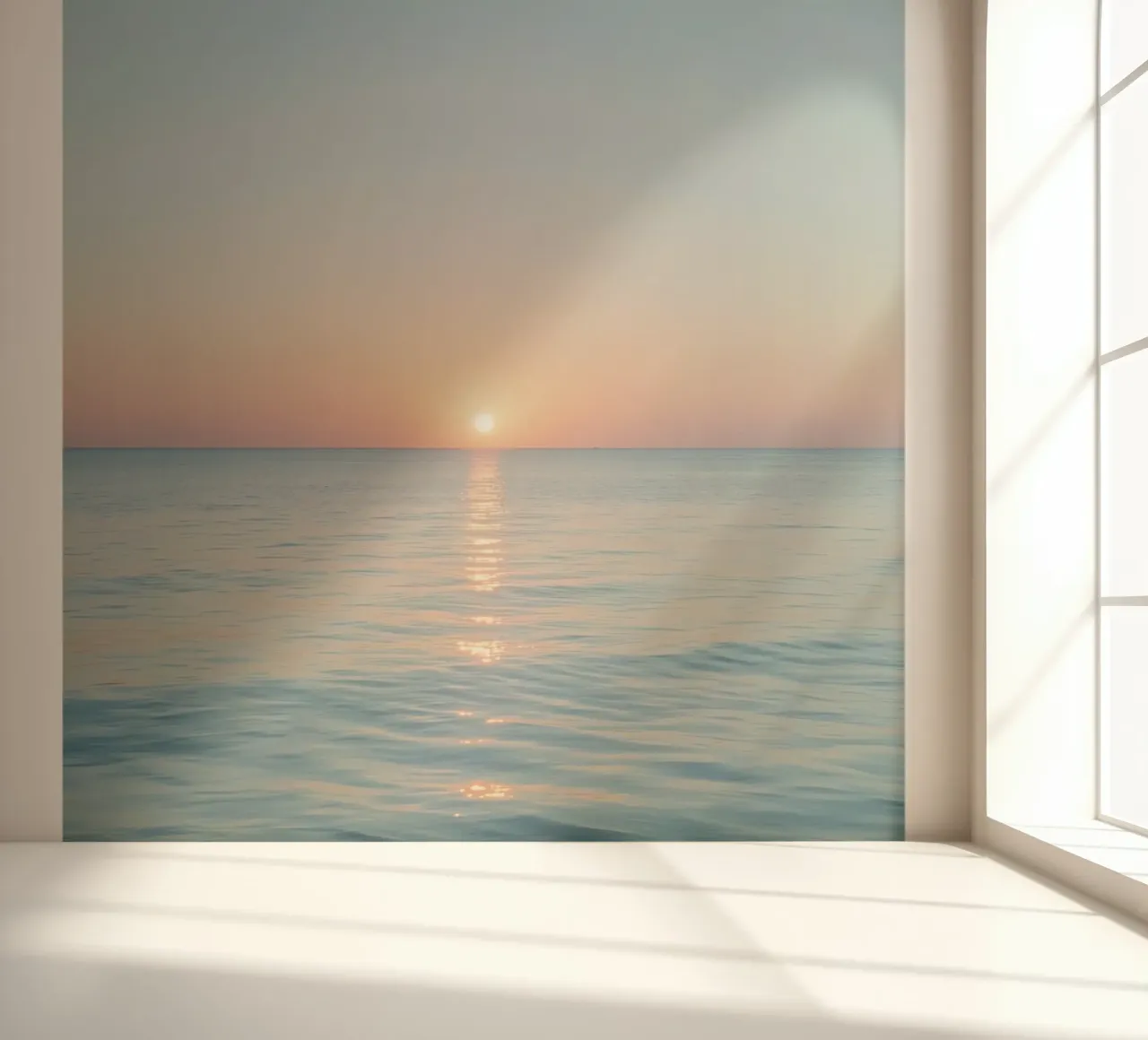Sunset over calm ocean waters with pastel hues reflecting photo wallpaper by DesignDoodle