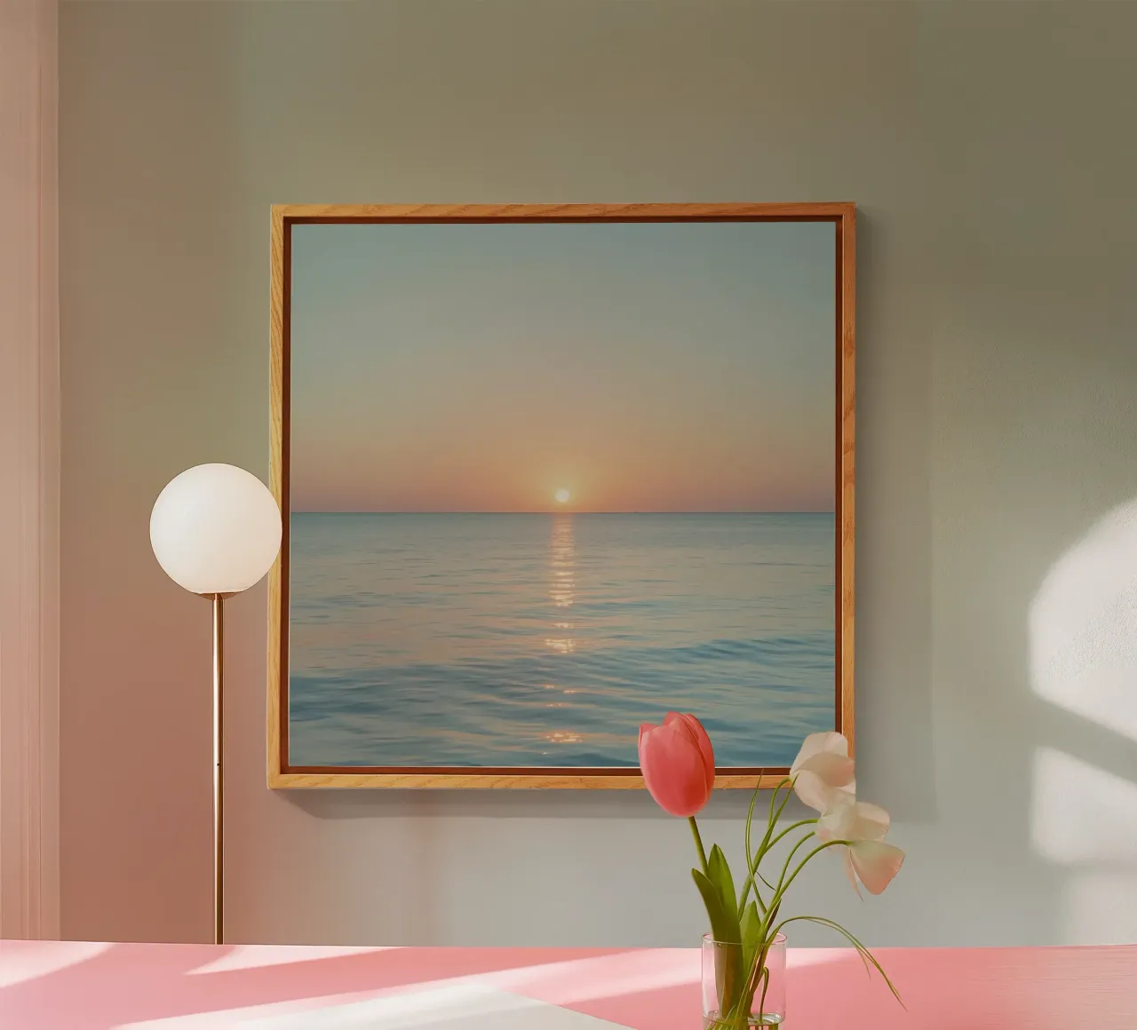 Sunset over calm ocean waters with pastel hues reflecting acrylic glass by DesignDoodle