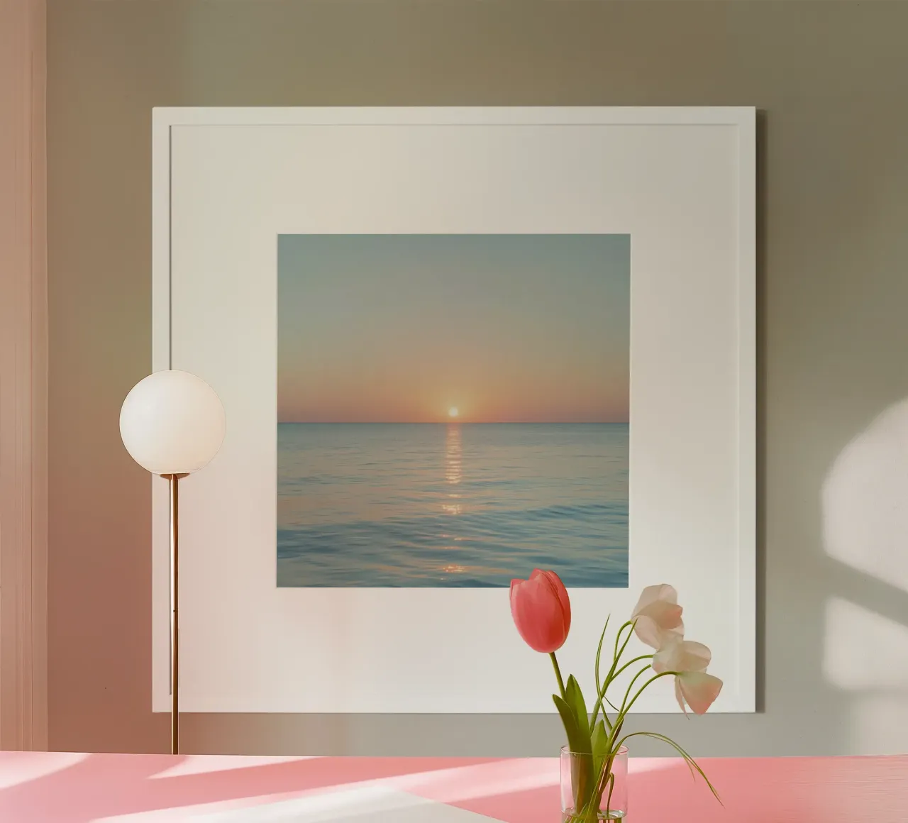 Sunset over calm ocean waters with pastel hues reflecting hahnemühle by DesignDoodle