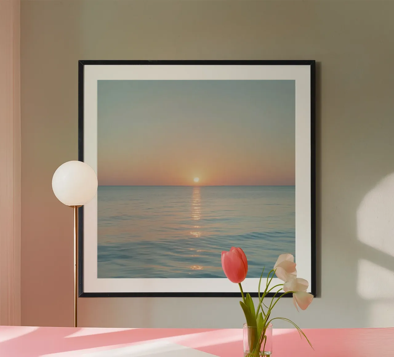 Sunset over calm ocean waters with pastel hues reflecting hahnemühle by DesignDoodle