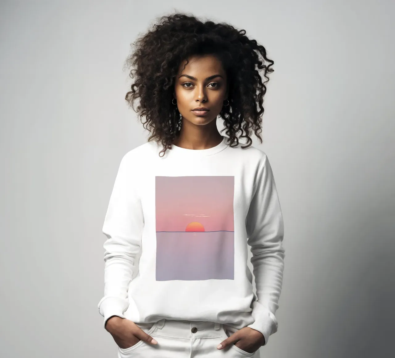 Sunset view over calm ocean at twilight, soft pink & orange sweatshirt by DesignDoodle