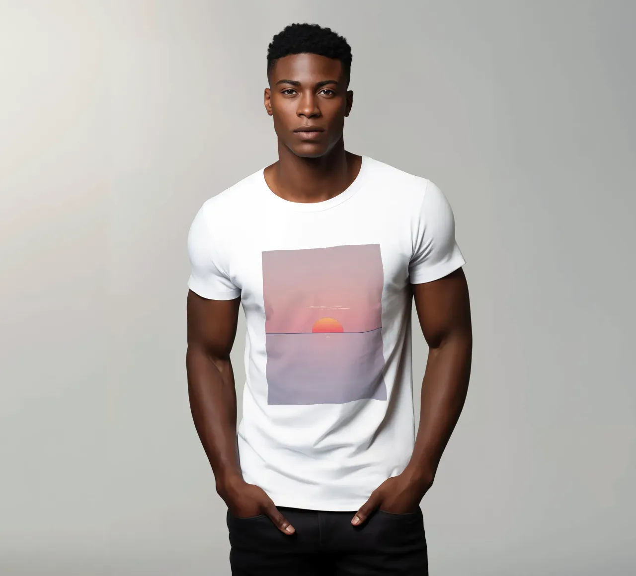 Sunset view over calm ocean at twilight, soft pink & orange t-shirt by DesignDoodle
