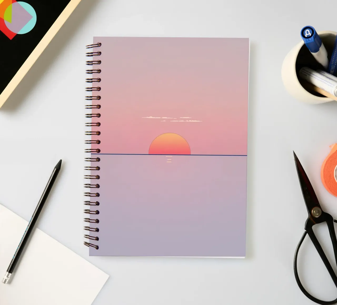 Sunset view over calm ocean at twilight, soft pink & orange spiral notebook by DesignDoodle