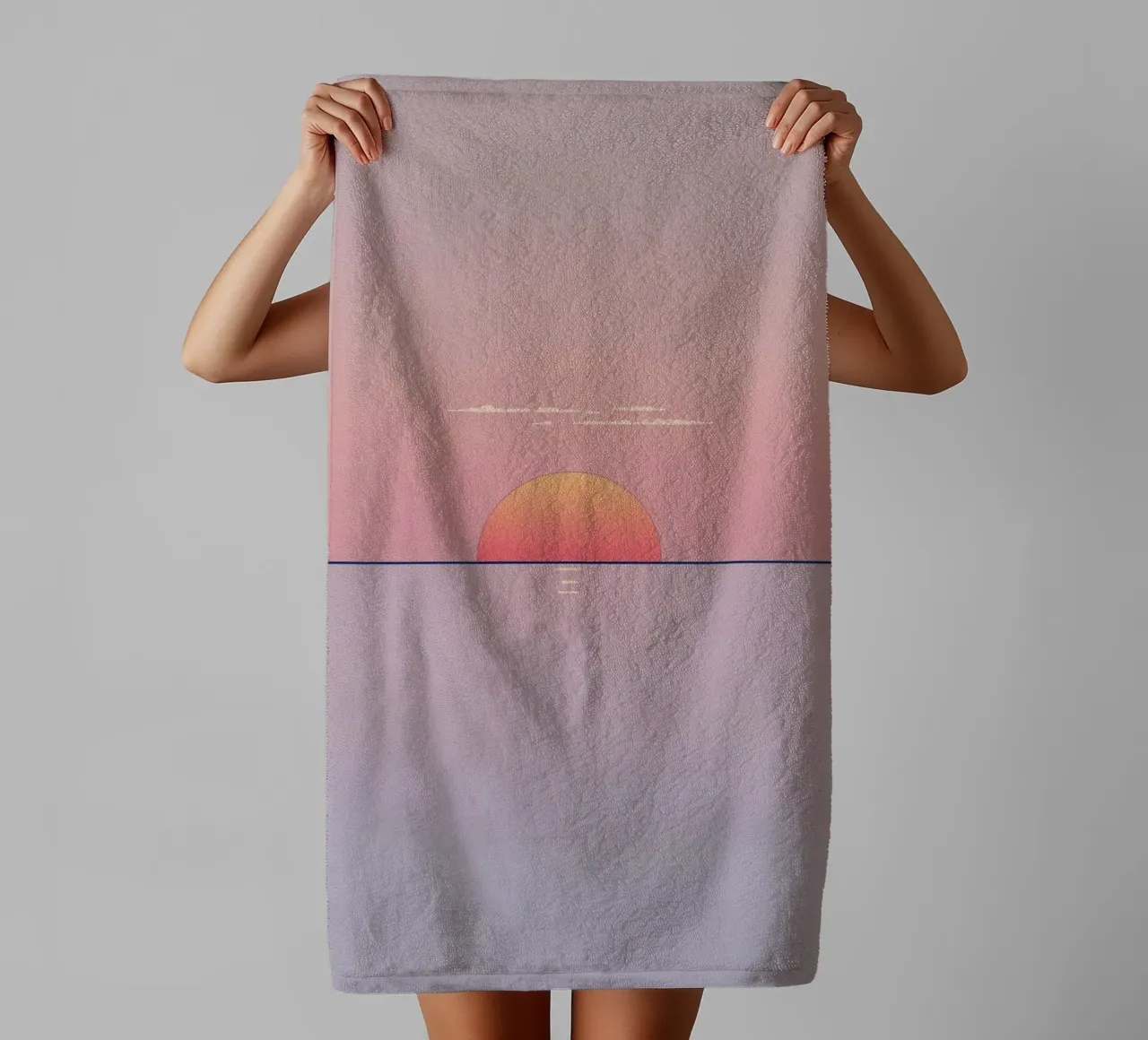 Sunset view over calm ocean at twilight, soft pink & orange towel by DesignDoodle