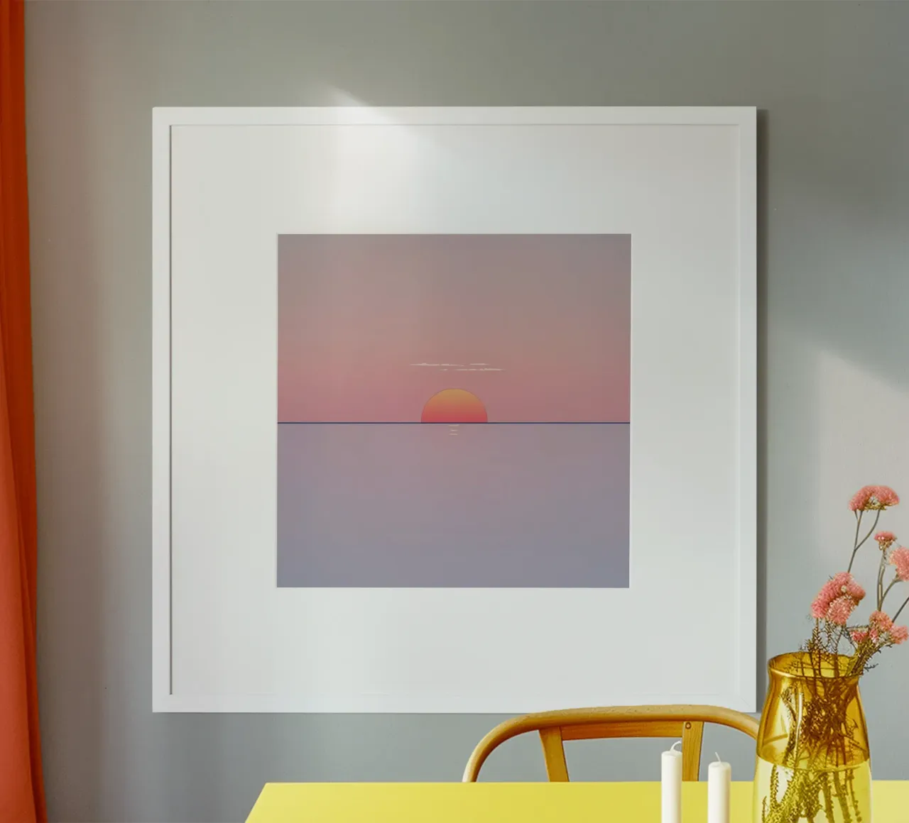 Sunset view over calm ocean at twilight, soft pink & orange hahnemühle by DesignDoodle