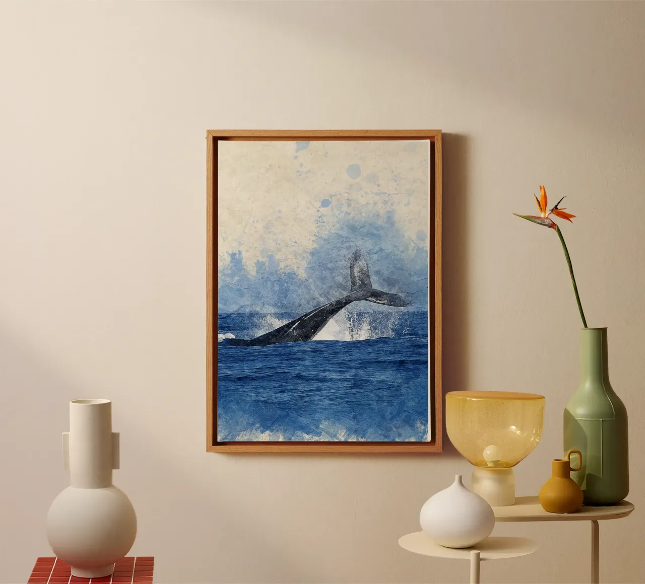 Impression de la queue d'une baleine en train de se reproduire - Ocean Art, Coastal Blue Decor toile avec Caisse américaine de ClubArt