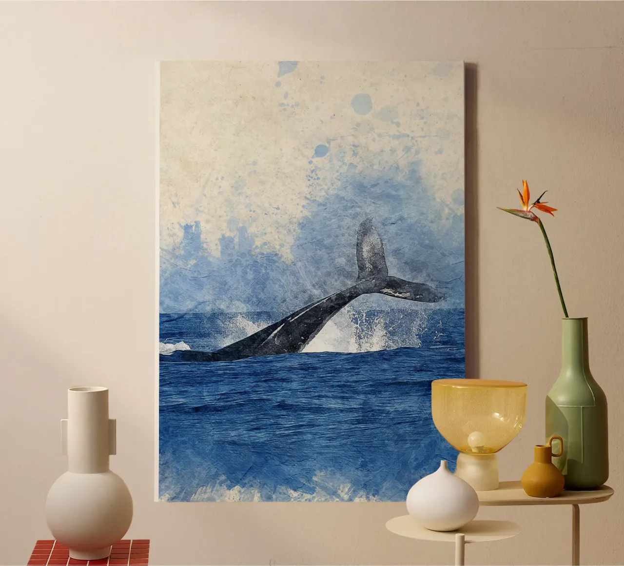 Impression de la queue d'une baleine en train de se reproduire - Ocean Art, Coastal Blue Decor toile avec Caisse américaine de ClubArt