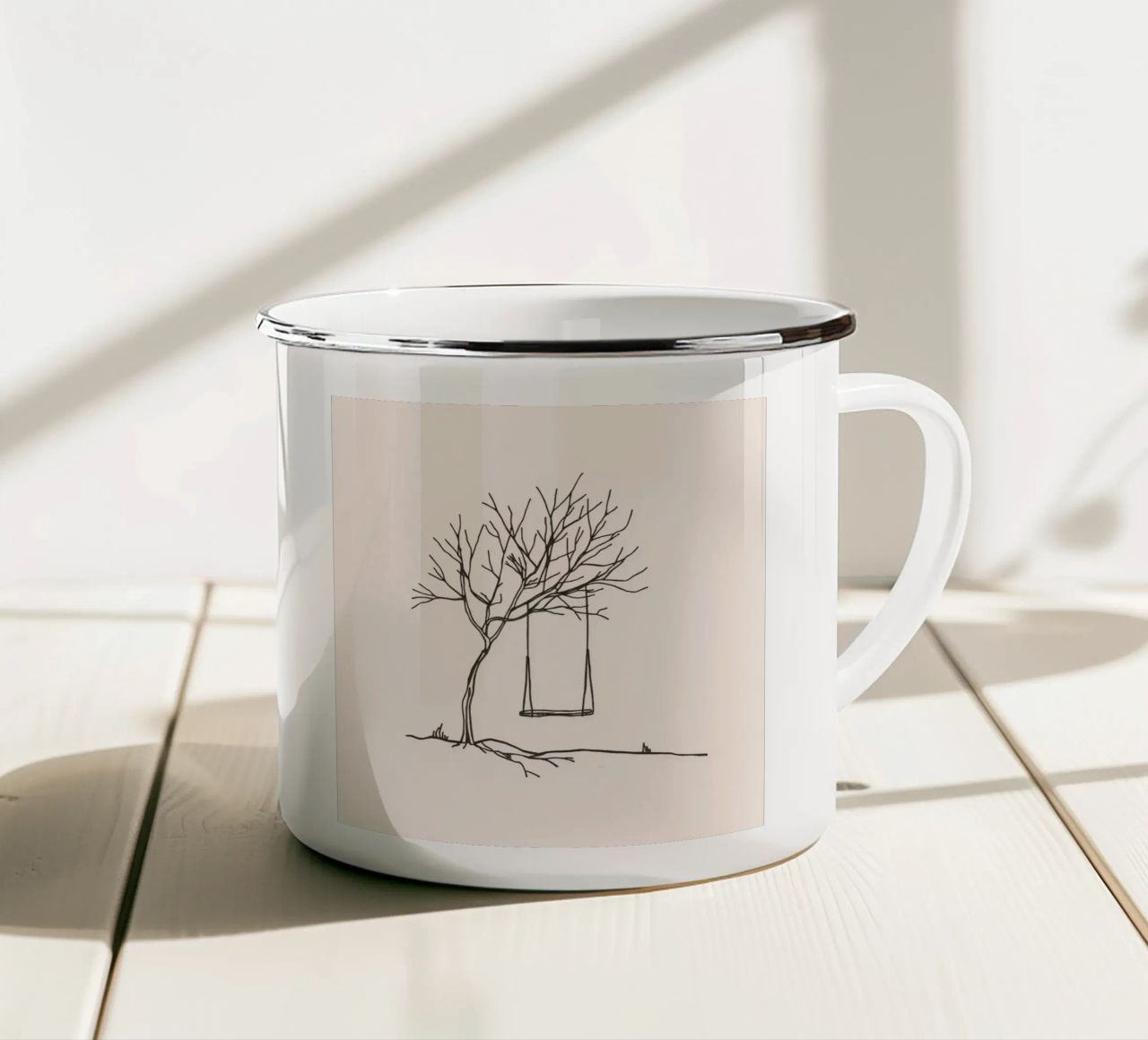 Altalena appesa a un albero spoglio in un paesaggio tranquillo tazza in smalto da DesignDoodle