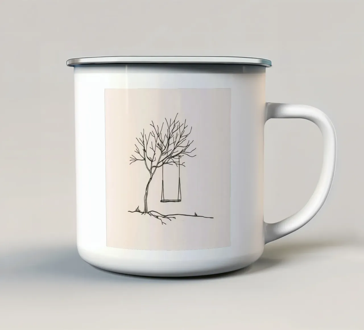 Altalena appesa a un albero spoglio in un paesaggio tranquillo tazza in smalto da DesignDoodle