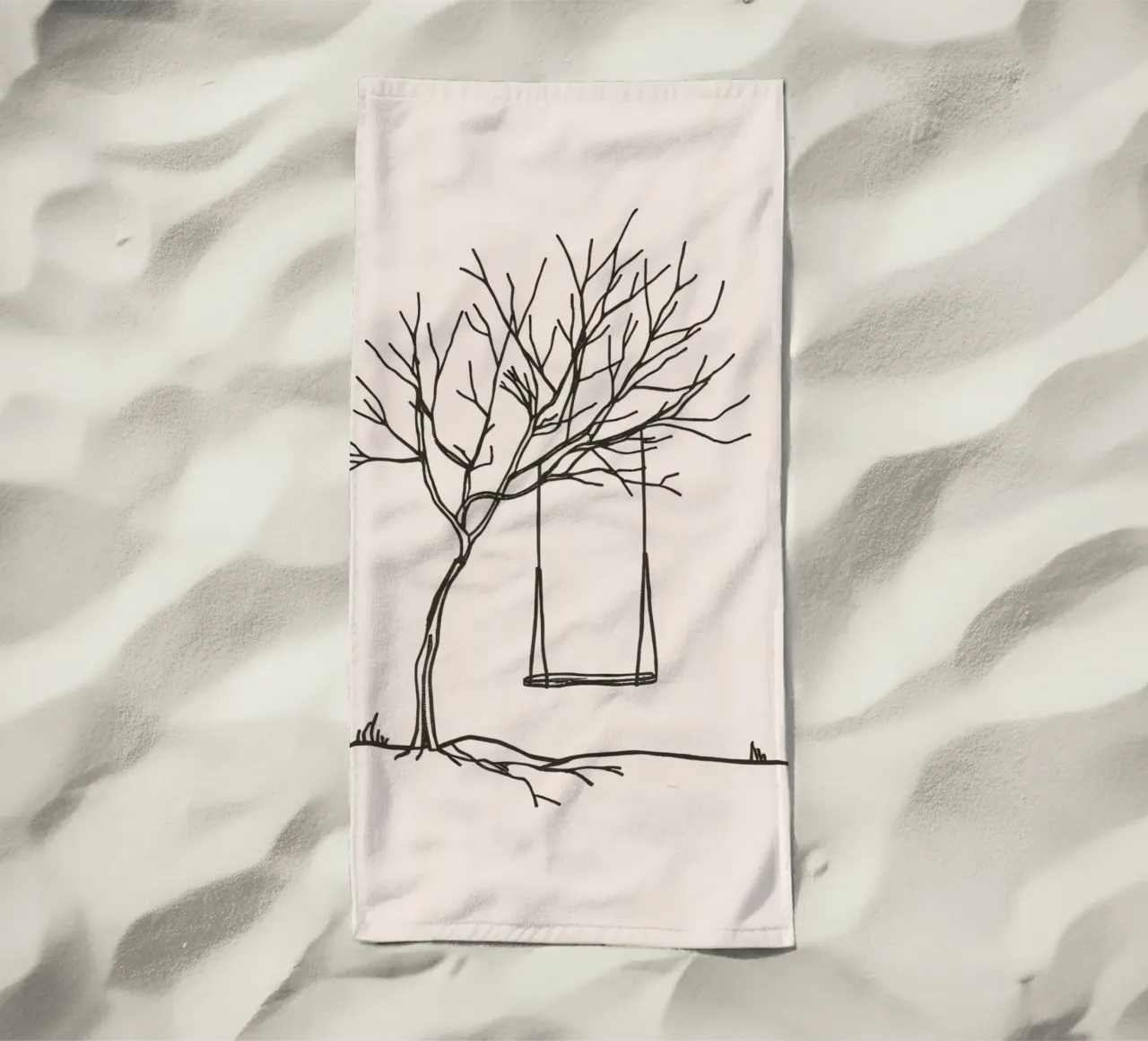 Altalena appesa a un albero spoglio in un paesaggio tranquillo telo mare da DesignDoodle
