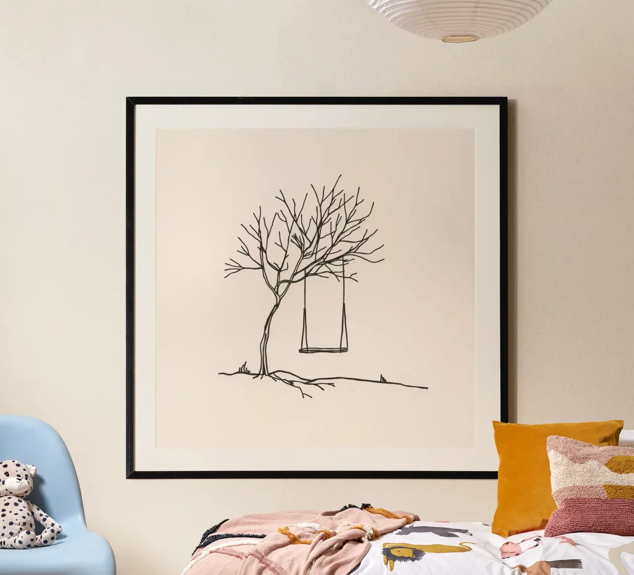 Altalena appesa a un albero spoglio in un paesaggio tranquillo carta hahnemühle da DesignDoodle