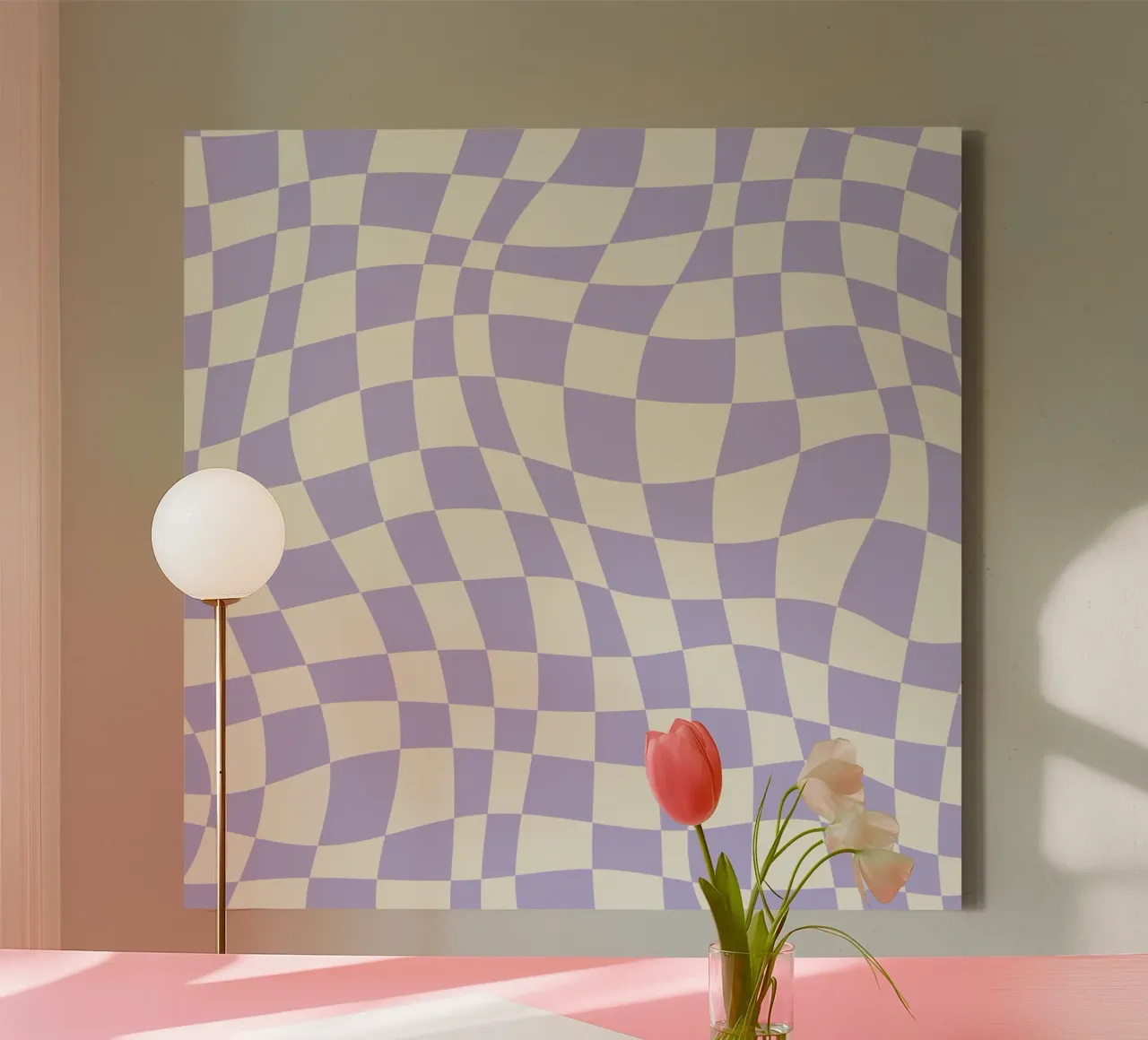 Pastell lila gewelltes Karo Leinwand mit Schattenfugenrahmen von Little Dean