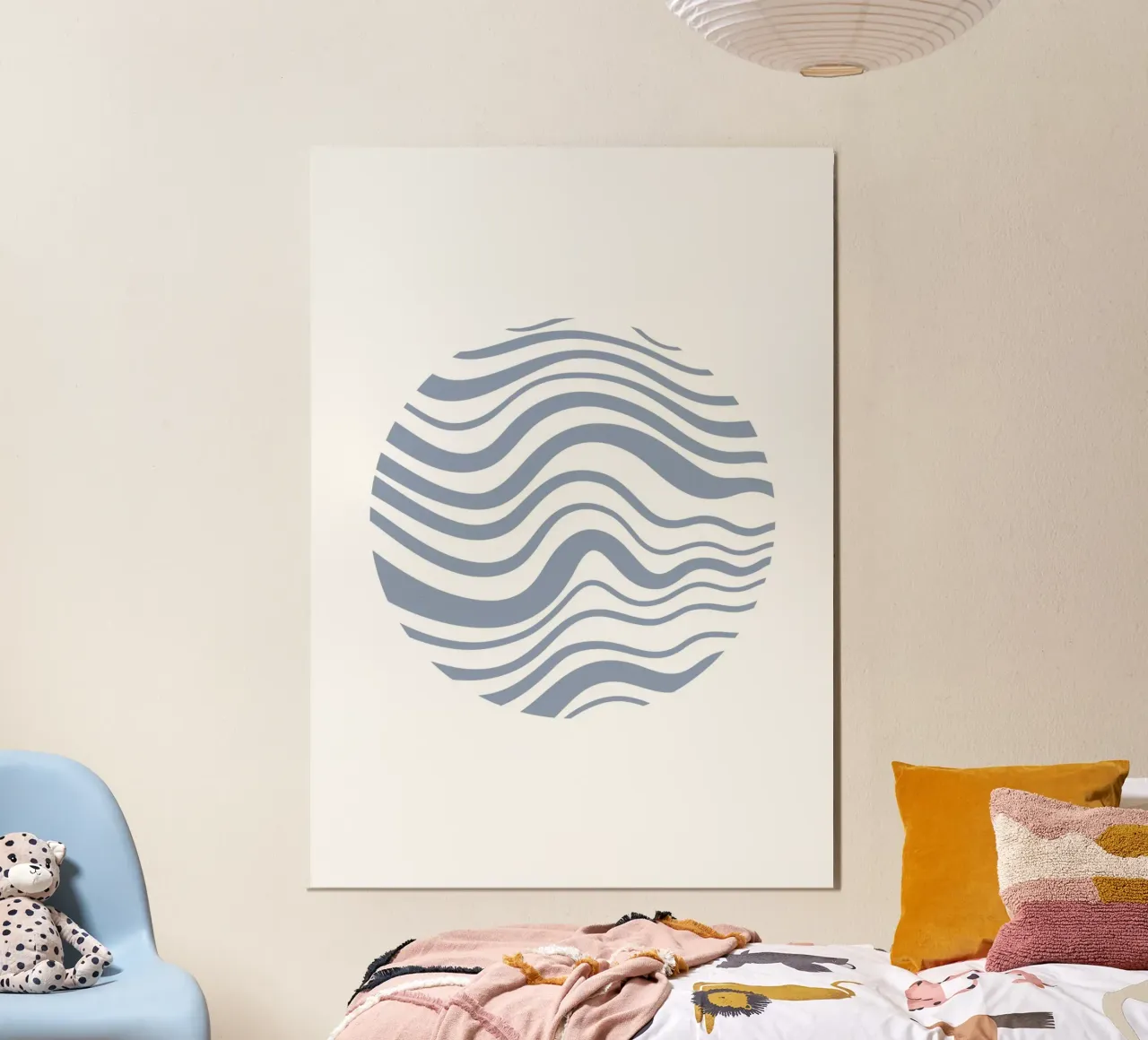 Abstracte golvende cirkeldruk - minimalistisch modern, blauw esthetisch poster met houten frame van ClubArt