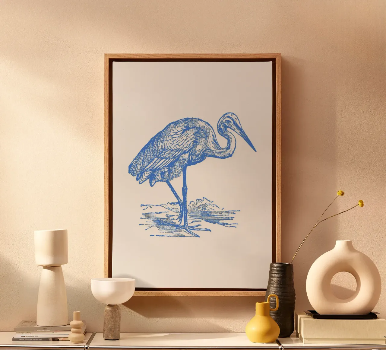 Blauw gestructureerde waadvogeldruk - Kustnatuur, Wetland Ar canvas met Baklijst van ClubArt
