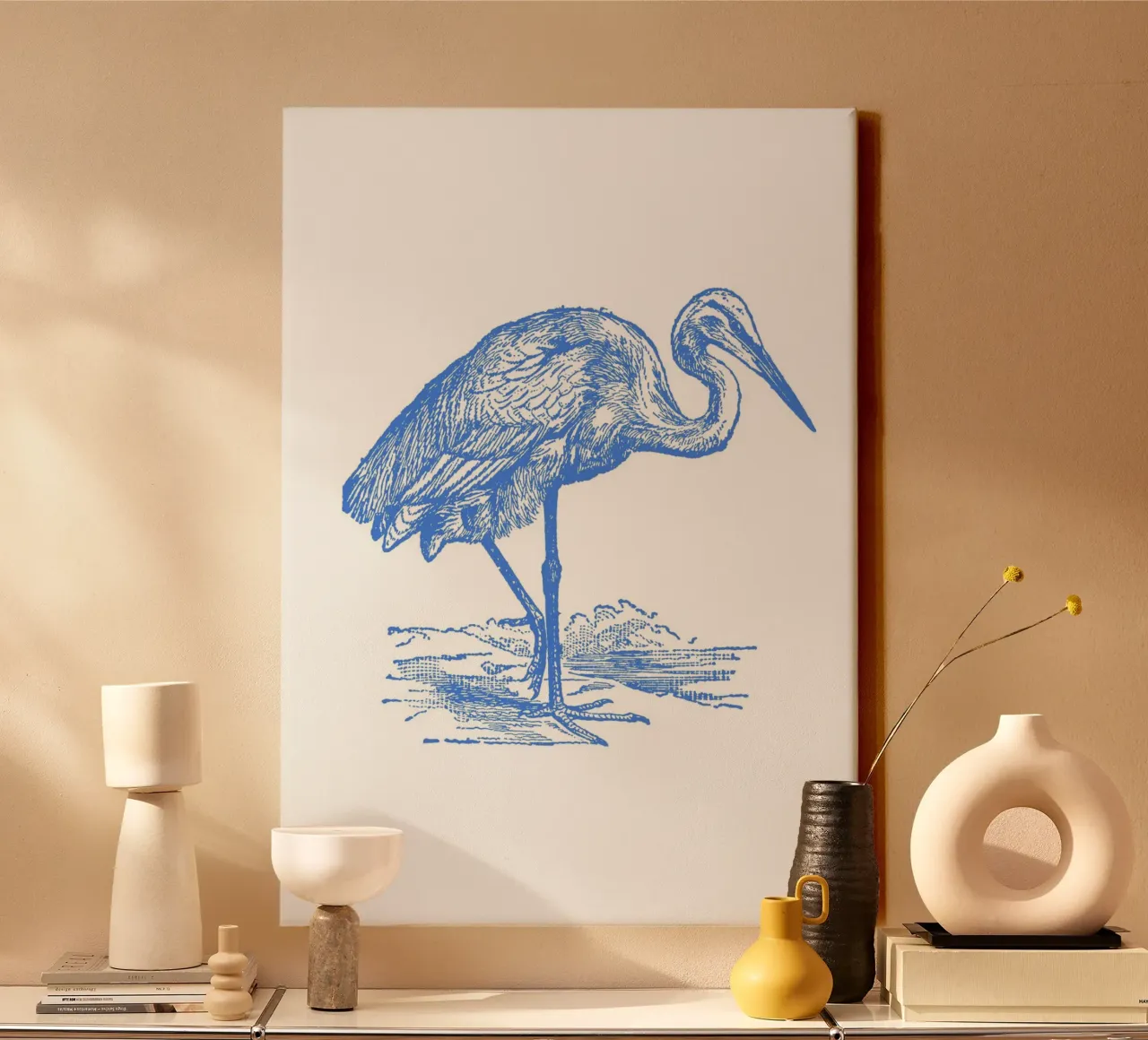 Blauw gestructureerde waadvogeldruk - Kustnatuur, Wetland Ar canvas met Baklijst van ClubArt
