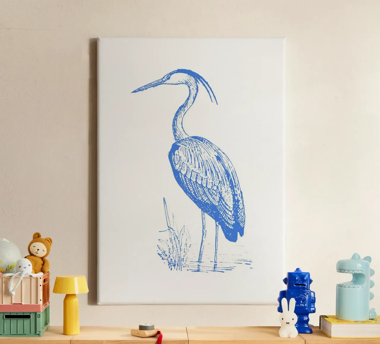 Print van blauwe reiger met structuur - Kustnatuur, Wetland Art canvas met Baklijst van ClubArt