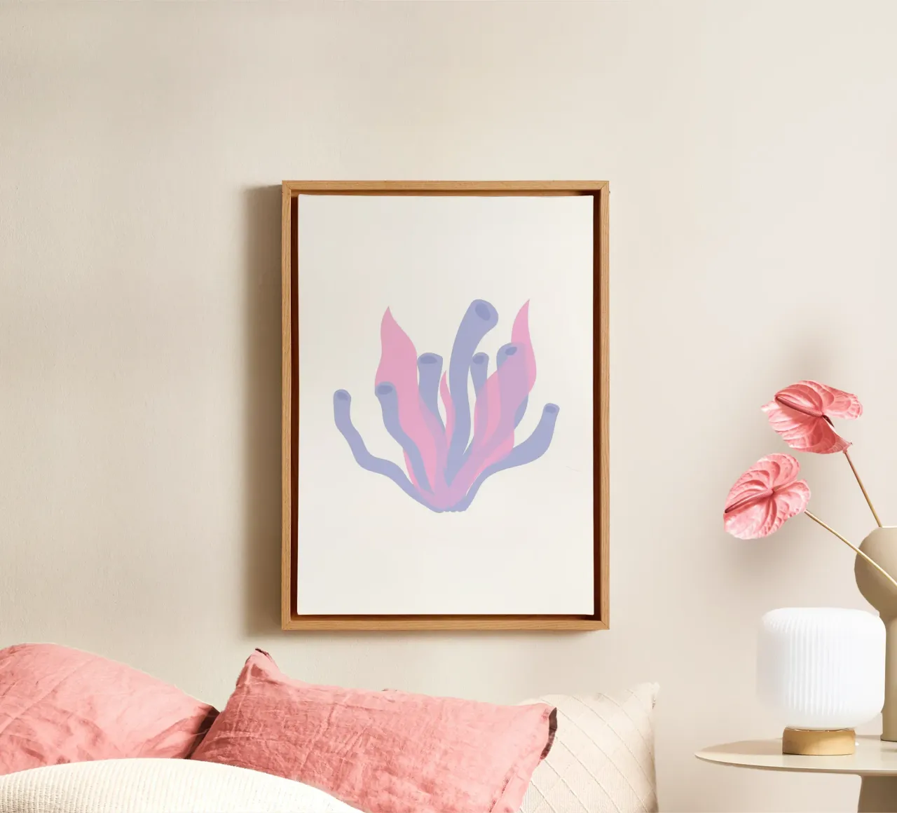 Roze & Blauw Koraal Abstract - Zeemeermincore, Decoratie Oceaanleven canvas met Baklijst van ClubArt