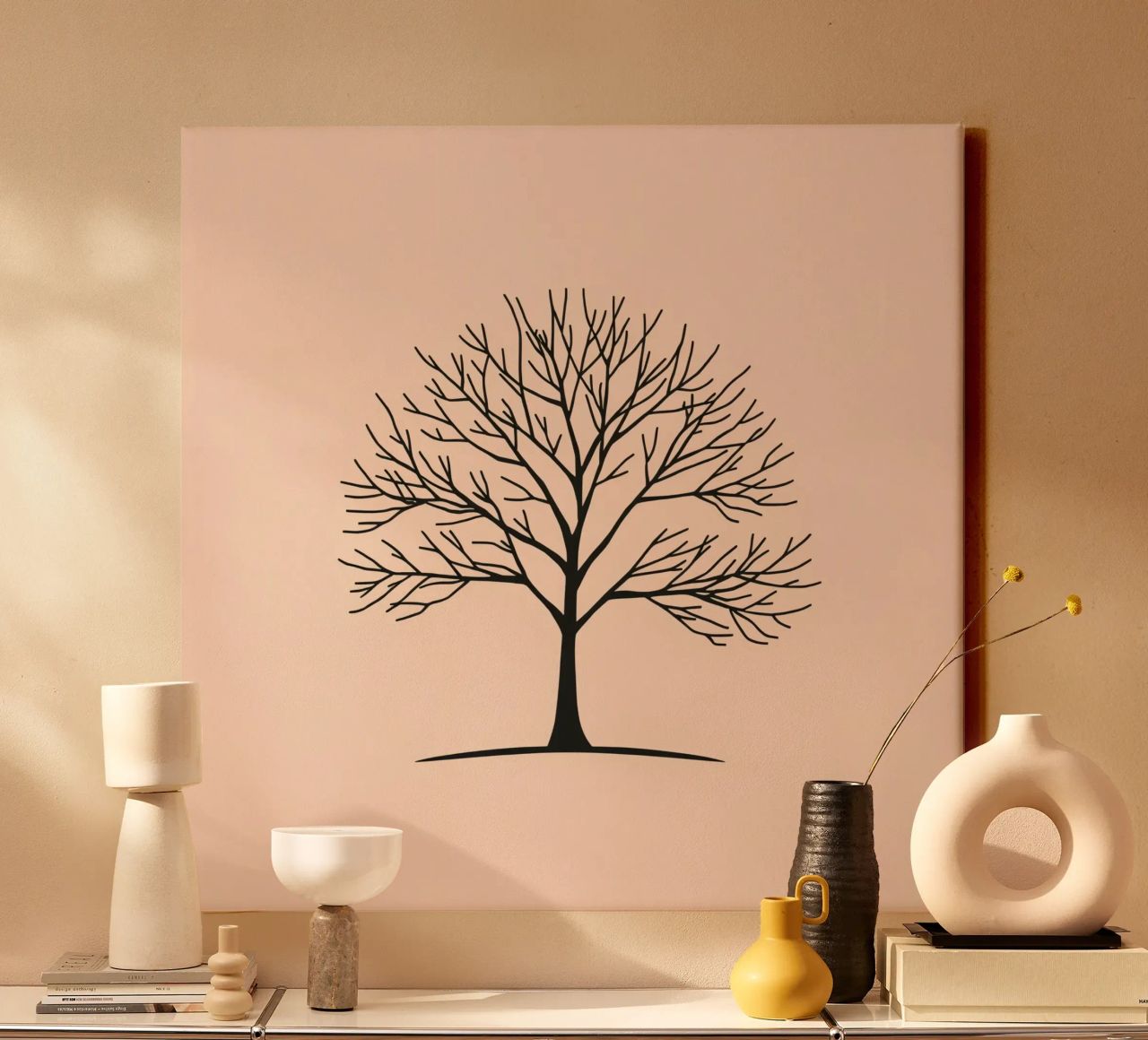 Bare tree with intricate branches against a pale background canvas by DesignDoodle
