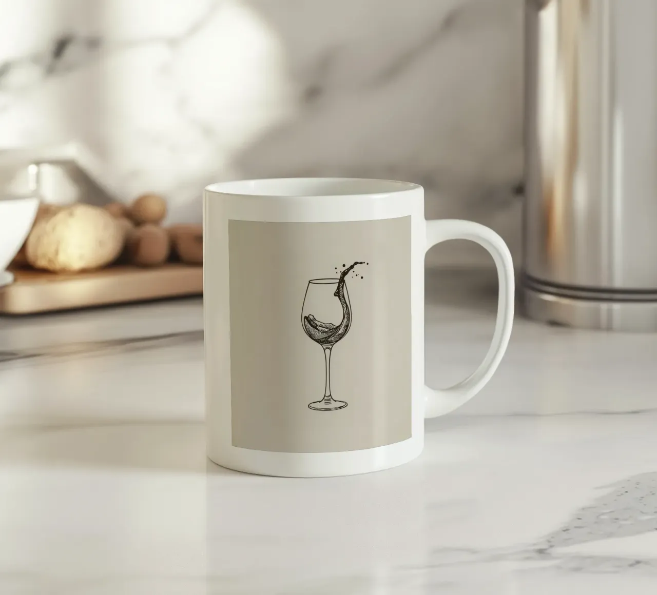 Weinglas mit spritzender Flüssigkeit auf beigem Hintergrund Keramik Tasse von DesignDoodle