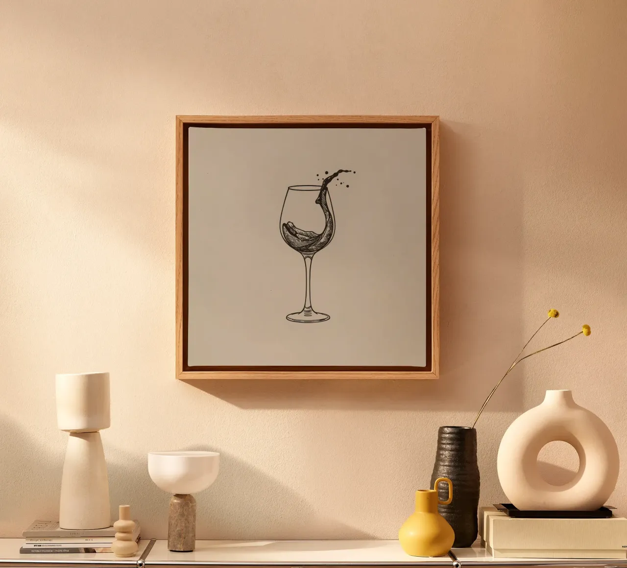 wine glass with splashing liquid on beige background canvas with Floater frame by DesignDoodle