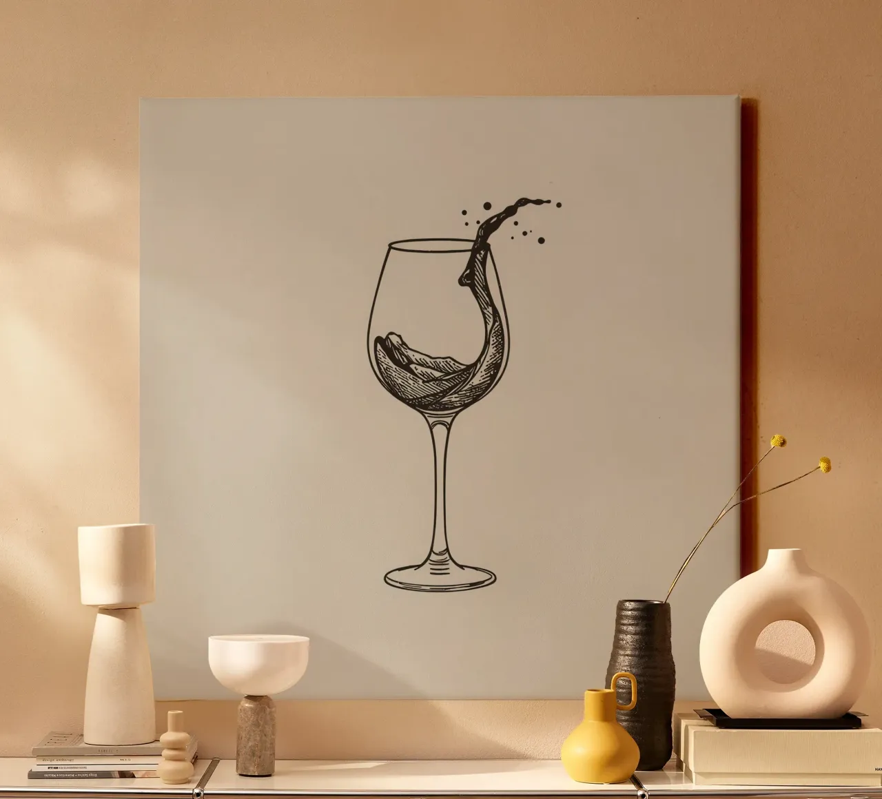 wine glass with splashing liquid on beige background canvas with Floater frame by DesignDoodle
