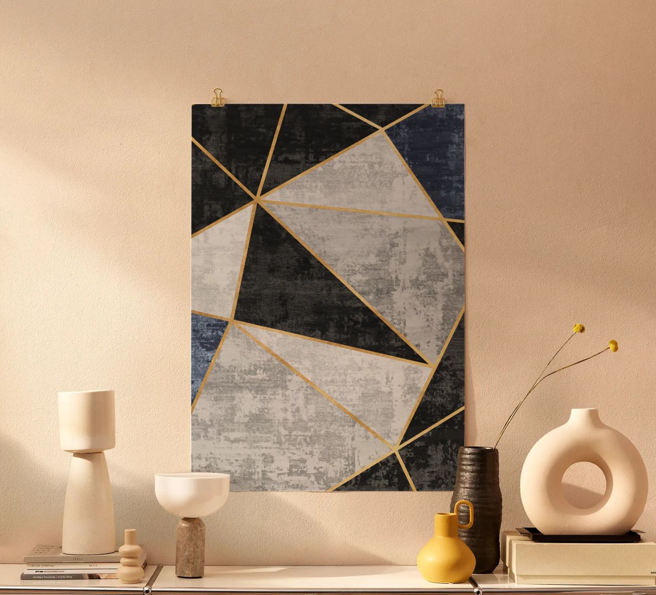 abstract triangles with golden lines poster da vintageshop