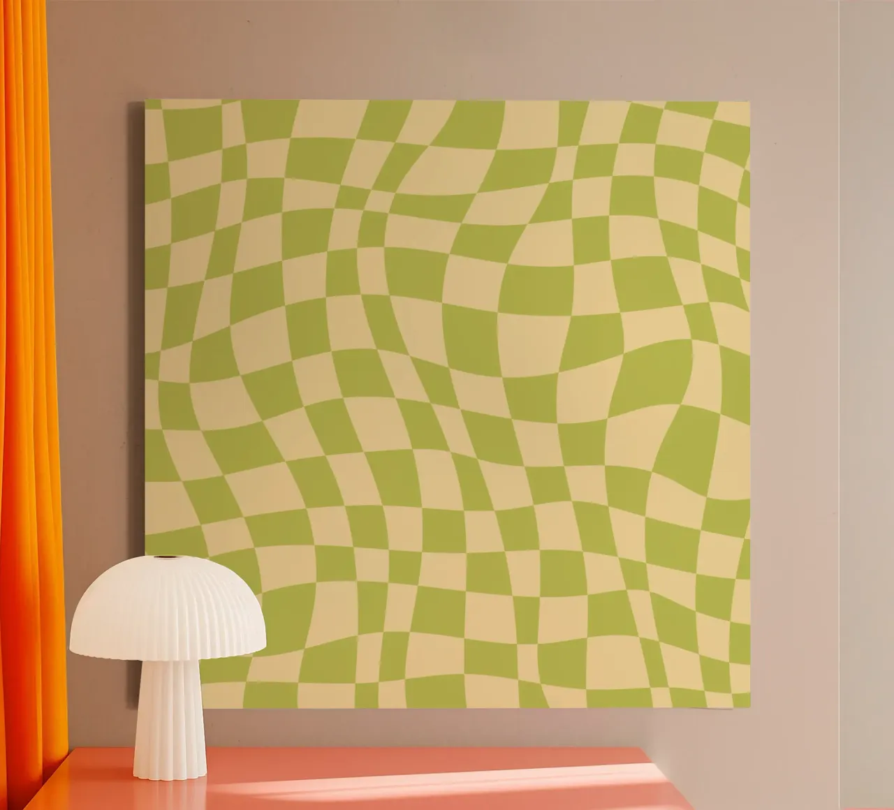 Scacchiera ondulata color chartreuse e beige tela da Little Dean