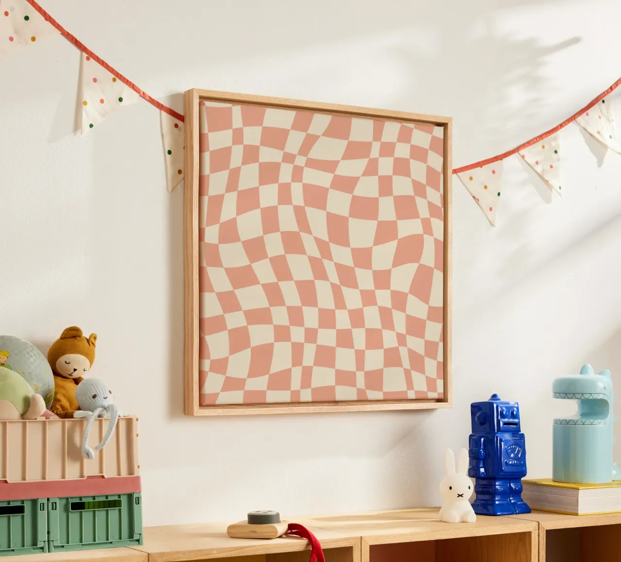 Coral red and beige wavy pattern canvas by Little Dean