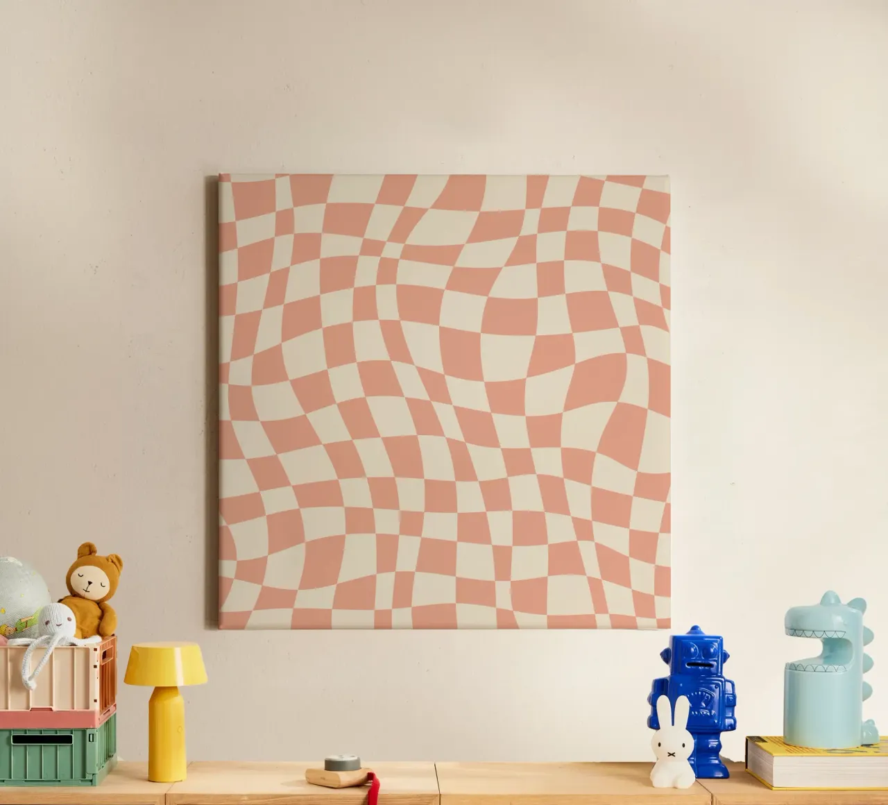 Coral red and beige wavy pattern canvas by Little Dean