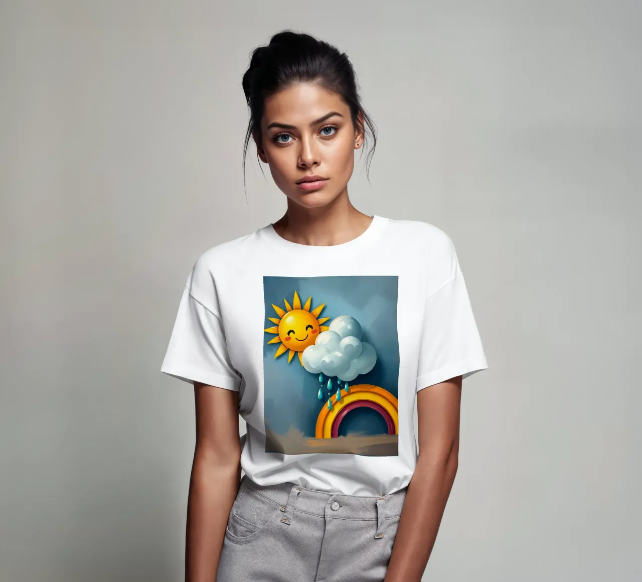 Whimsical sun character peeking out from behind a cloud t-shirt by DesignDoodle