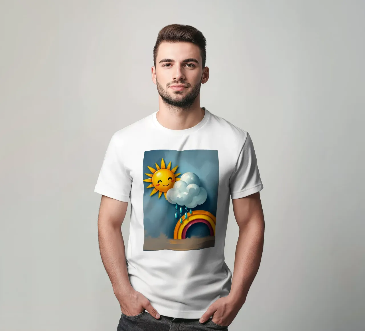 Whimsical sun character peeking out from behind a cloud t-shirt by DesignDoodle