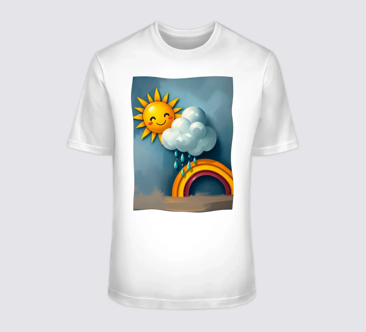 Whimsical sun character peeking out from behind a cloud t-shirt by DesignDoodle