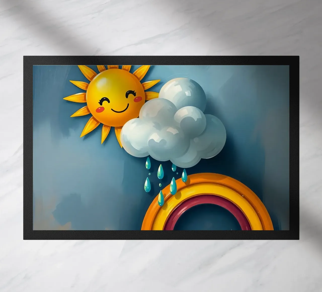 Whimsical sun character peeking out from behind a cloud doormat by DesignDoodle