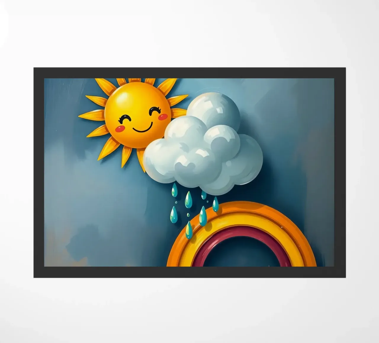 Whimsical sun character peeking out from behind a cloud doormat by DesignDoodle
