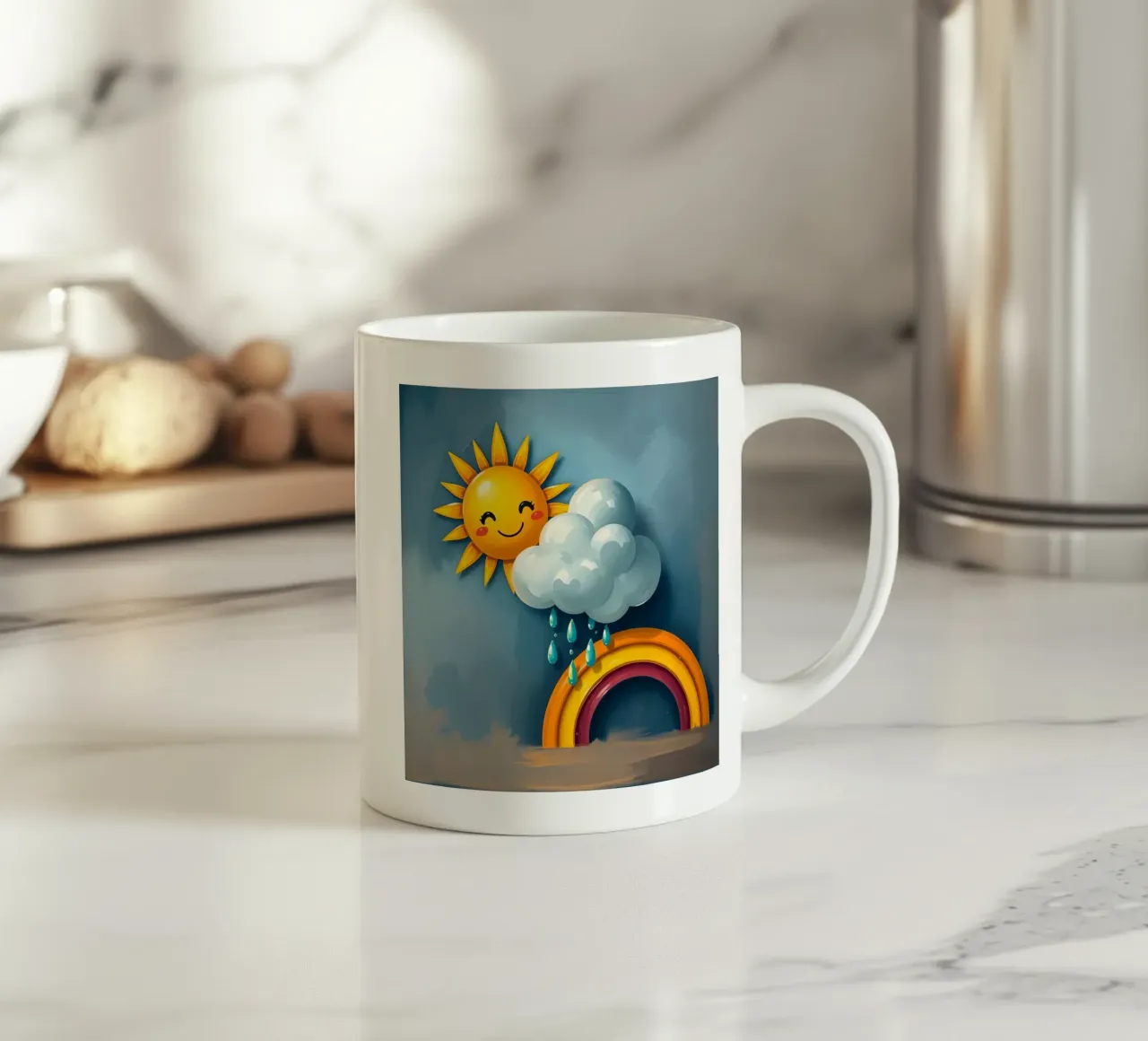 Whimsical sun character peeking out from behind a cloud ceramic mug by DesignDoodle
