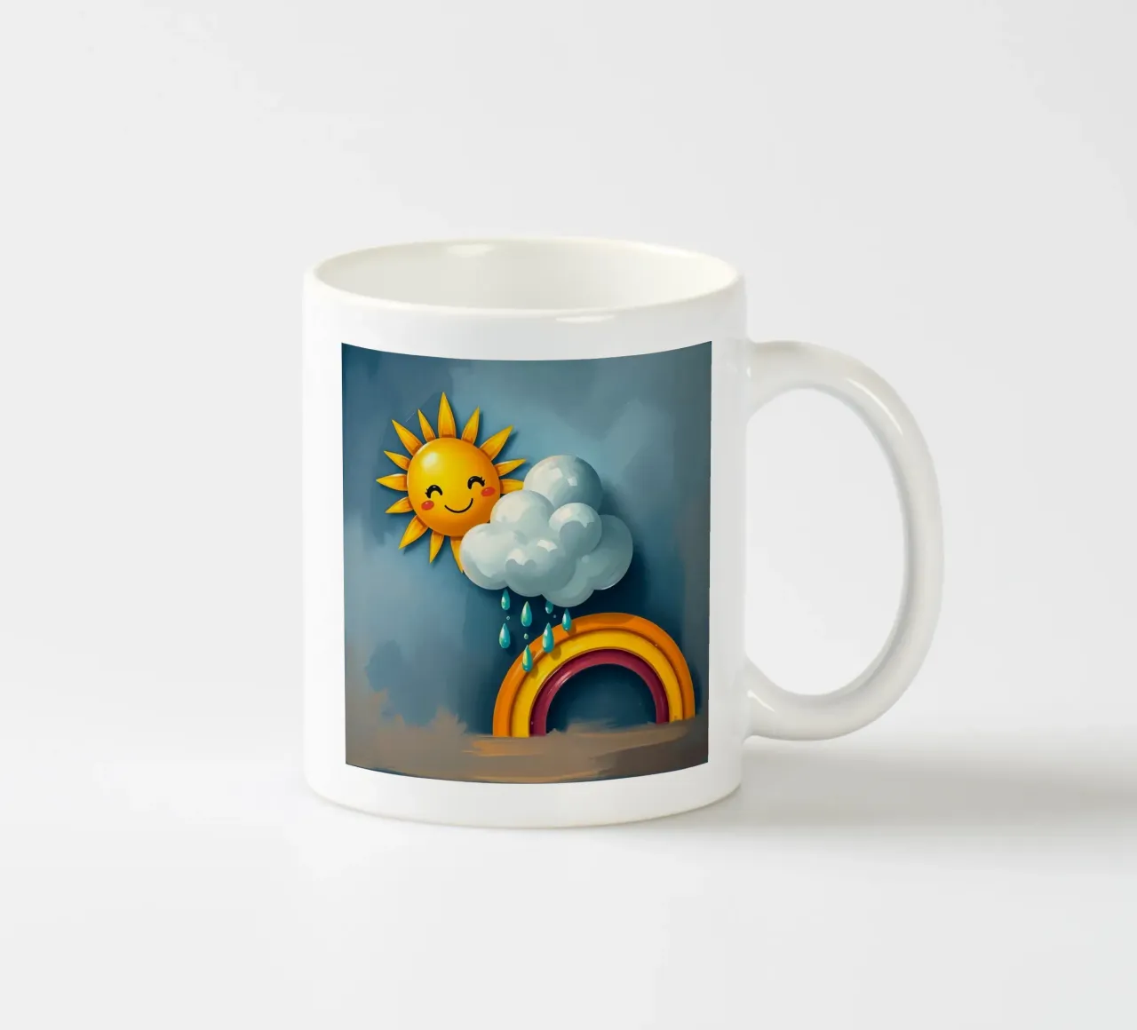 Whimsical sun character peeking out from behind a cloud ceramic mug by DesignDoodle