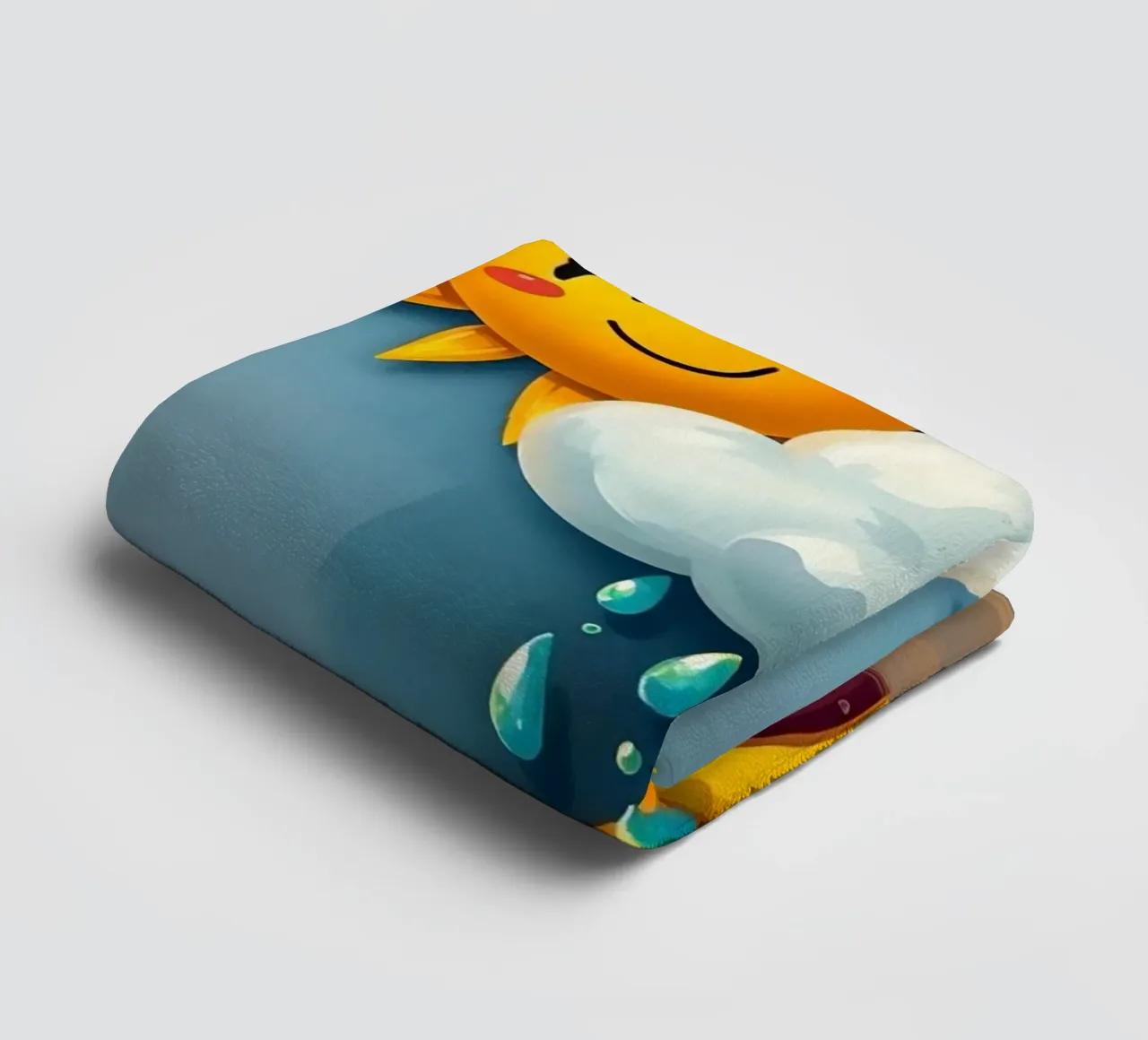 Whimsical sun character peeking out from behind a cloud towel by DesignDoodle