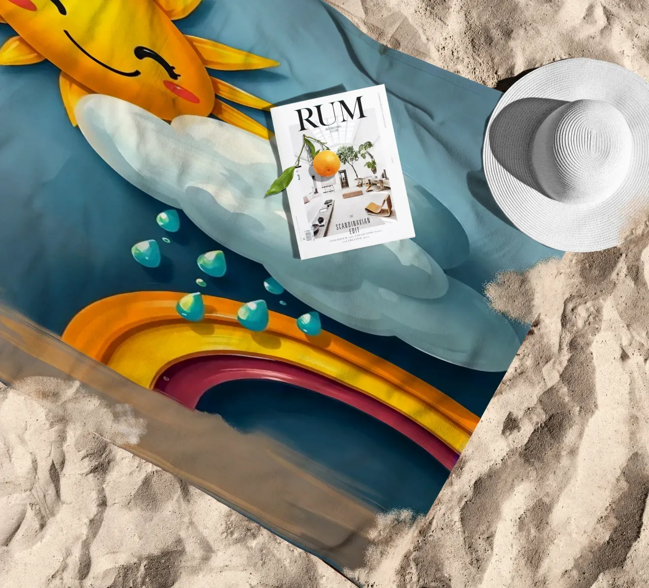 Whimsical sun character peeking out from behind a cloud beach towel by DesignDoodle