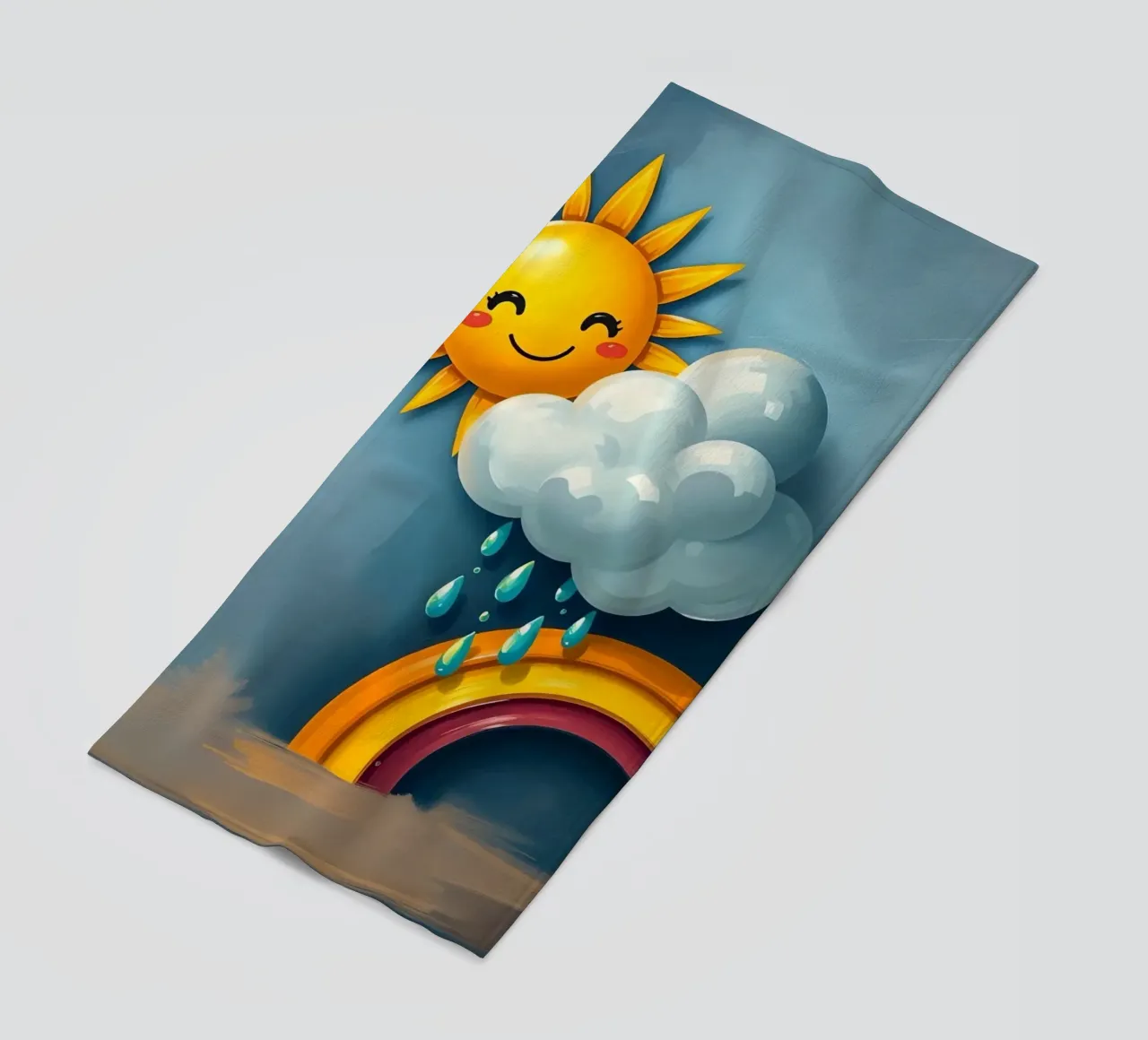 Whimsical sun character peeking out from behind a cloud beach towel by DesignDoodle