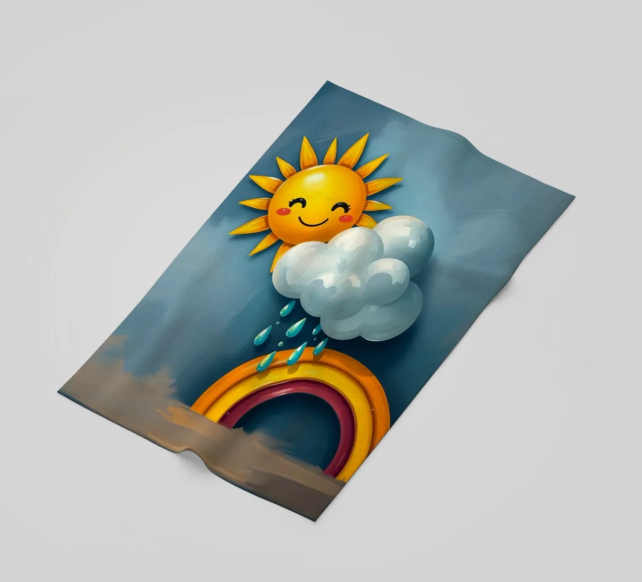 Whimsical sun character peeking out from behind a cloud beach towel by DesignDoodle