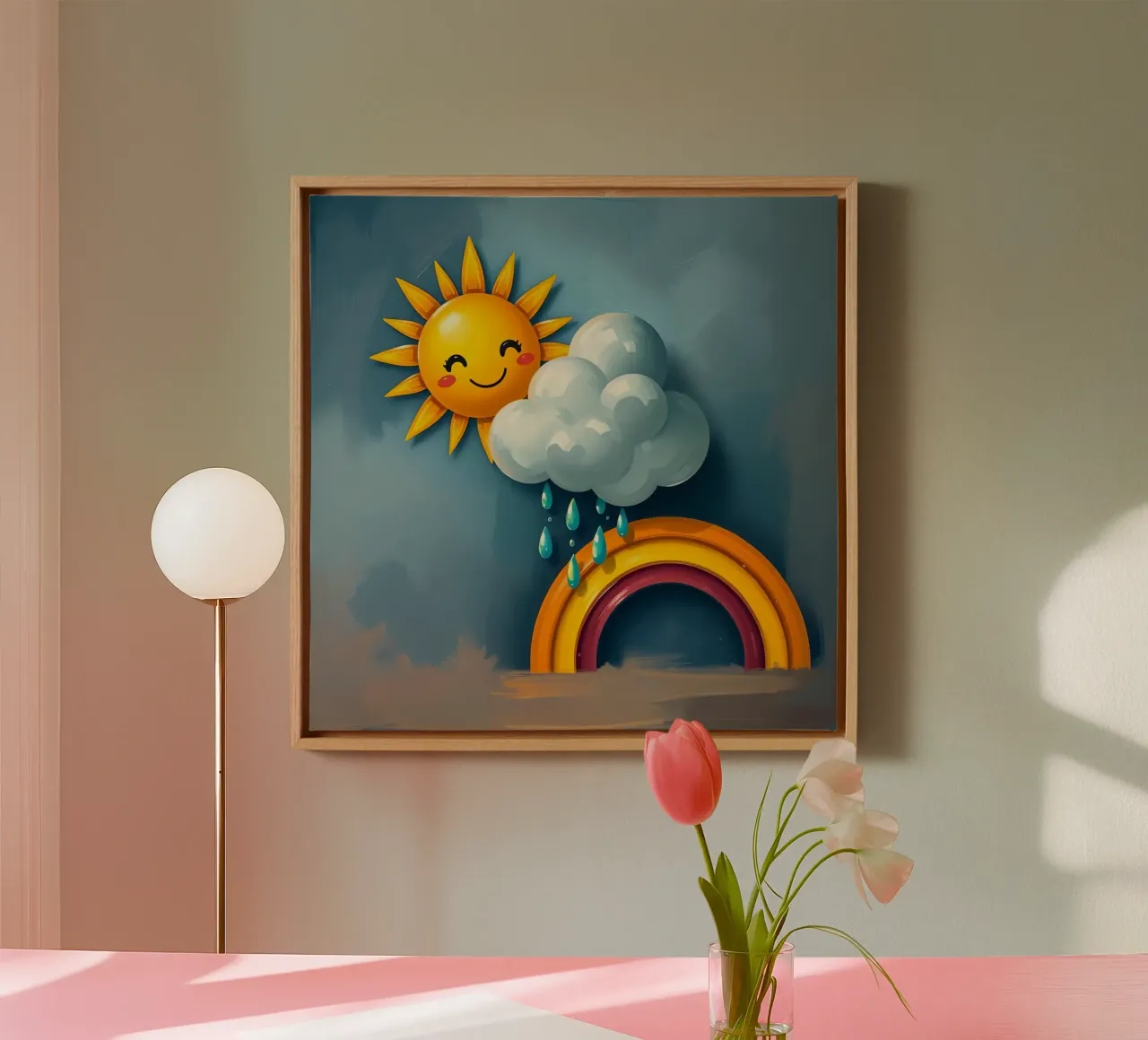 Whimsical sun character peeking out from behind a cloud canvas by DesignDoodle