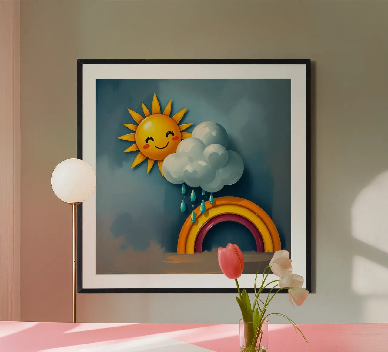 Whimsical sun character peeking out from behind a cloud hahnemühle by DesignDoodle
