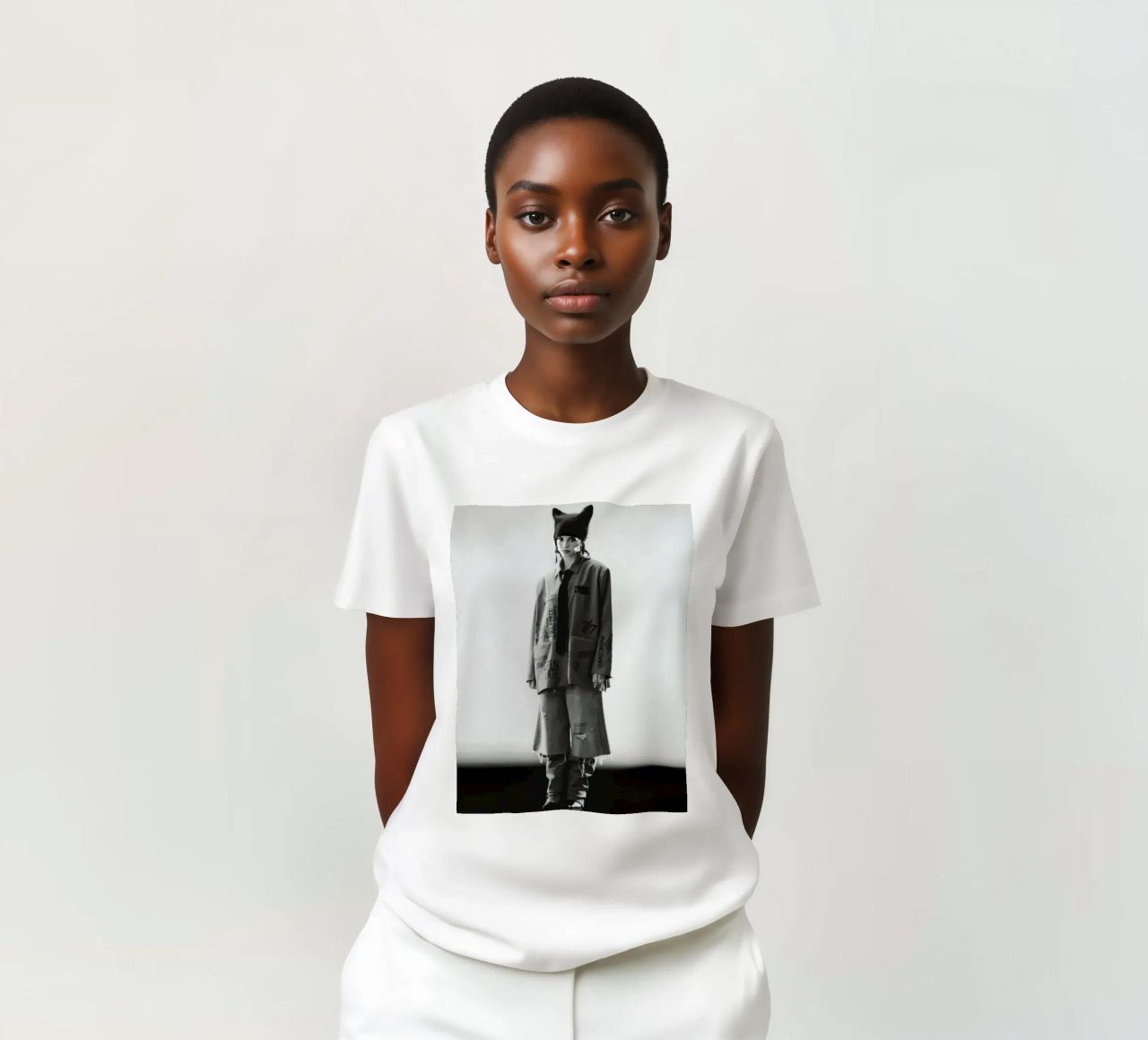 Ritratto di moda in scala di grigi t-shirt da Vintage explorer