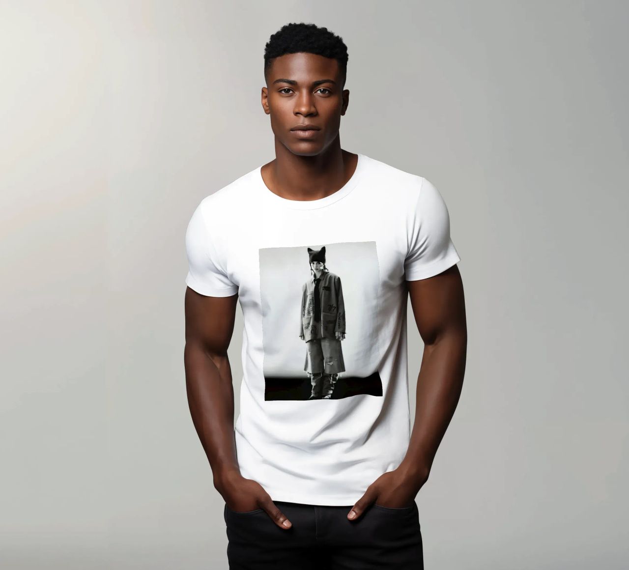 Ritratto di moda in scala di grigi t-shirt da Vintage explorer