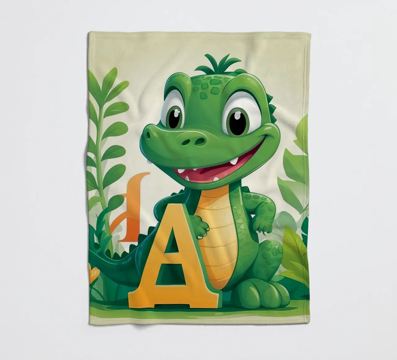 Cartoon Alligator character standing next to the letter A fleece blanket by DesignDoodle