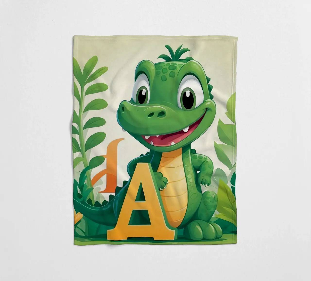 Cartoon Alligator character standing next to the letter A fleece blanket by DesignDoodle