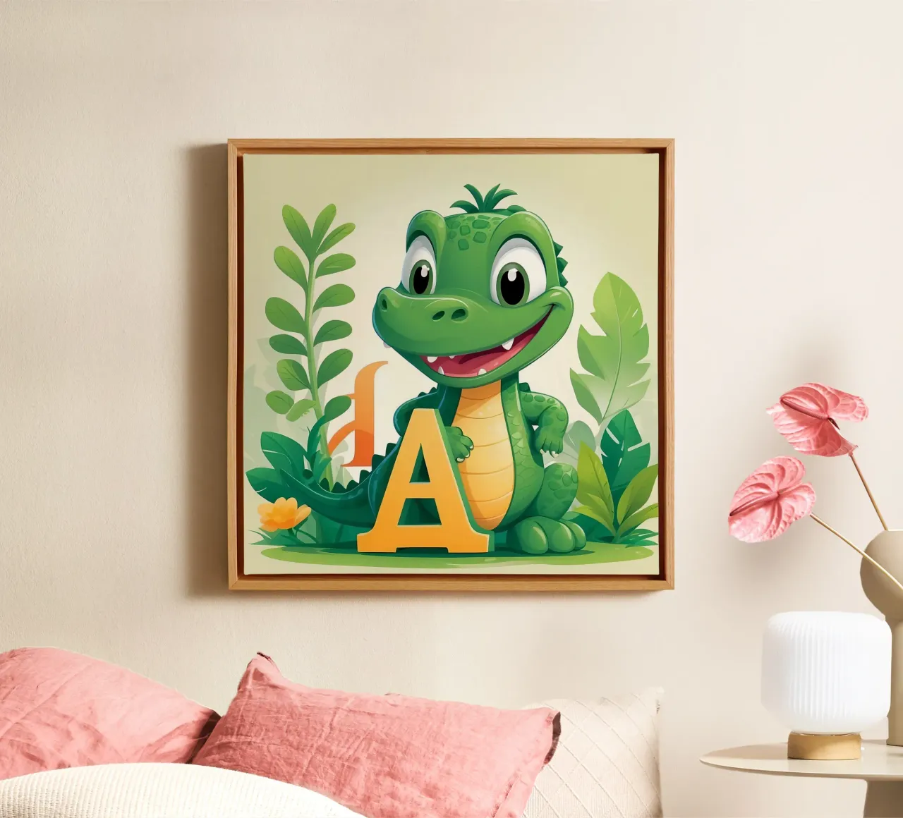 Cartoon Alligator character standing next to the letter A canvas with Floater frame by DesignDoodle